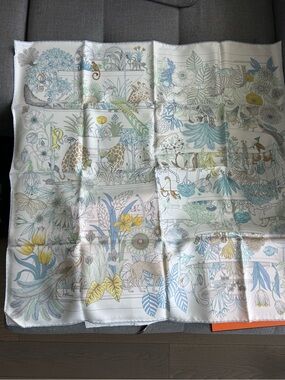 Hermes Botanical Print Silk Scarf in White, Blue, Yellow, Green, Taupe